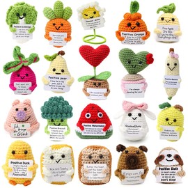 Hnqiqs 20PCS Crochet Animals with Positive Messages, Positive Crochet Animals Bulk, Employee Appreciation Gifts, Crochet Veggies Fruits Dolls Birthday Gifts for Women Men Her, Mini Crochet Desk Decor
