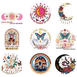 arricraft 9 Sheets Inspirational Theme Iron on Decals Patches, Moon Roses Flowers Butterflies Iron on Stickers Heat Transfer Stickers PET Washable Patches for DIY Clothes Decor, 9inch(23cm) Long