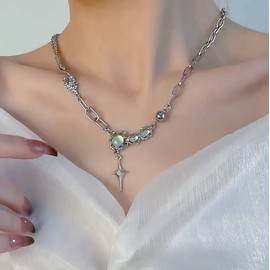 TseenYi Moonstone Star Pendant Necklace Silver Opal Star Necklace Sparkling Cz Northstar Necklace Boho Paperclip Chain Choker Necklace Chain Jewelry for Women and Girls Gifts