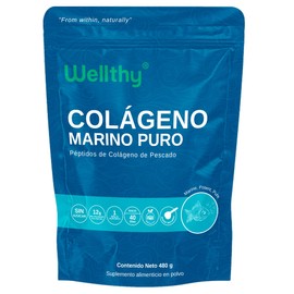 Wellthy Colágeno Marino Hidrolizado 480g. 12g por Porción, 40 Porciones, 1 Solo Ingrediente, 100% Puro, Scoop Incluído, Sugar Free, Bottle Free. Marine, Potent Pure.