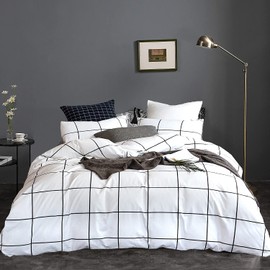 KAREVER White Grid Comforter Set Big Grid Bedding Set Full Cotton White Black Plaid Printed Stripes Women Checkered Comforters Bedding Set Girls White Grid Bed Blanket Set White Plaid Full Comforter