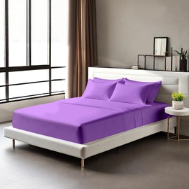 Egyptian Cotton Fitted Sheets 25cm Deep Mattress Pocket 200 Thread Count Fitted Bed Sheet- Soft & Comfortable Bottom Sheet (Purple, Double)