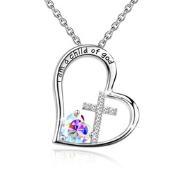 Bengnkes 925 Sterling Silver I Am a Child of God Cross Pendant Necklaces for Women, Cross Necklace for Girls, Heart Necklace with Birthstone Christian Jewelry Baptism Gifts for Girls, Sterling Silver,
