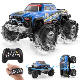 DEERC Amphibious RC Monster Truck/Boat, IPX7 Waterproof Remote Control Car with Gesture Control, 2.4GHz 4WD RC Car, 360° Rotation, LED Light, 40 Minutes Playtime, Toy for Kids 6-12 (Blue)