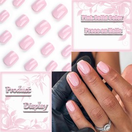 24Pcs Pink Short Square Press on Nails with Solid Color Design, Glossy Pink False Nails Gel Glue on Nails, Solid Color Manicure Art Acrylic Fake Nails Stick on Nails for Coquette Women Girls