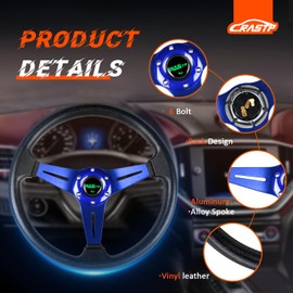 RASTP Universal Racing Steering Wheel 13.8”/350mm 6 Bolts Grip Vinyl Leather & Aluminum with Horn Button for Car - Blue