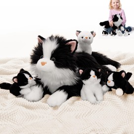 Tezituor 5Pcs Cat Stuffed Animals Set, 20 inch Large Realistic Stuffed Cat with 4 Cute Kittens Baby, Soft Black Ragdoll Plush Pillow for Boys Girls