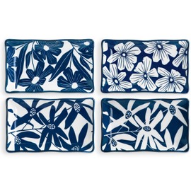 ONEMORE Appetizer Plates Set of 4, 7.5 in Small Serving Plates, Porcelain Rectangular Platters for Dessert Salad Sushi, Blue and White Dinner Plates Microwave Oven & Dishwasher Safe, Scratch Resistant