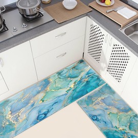 Teal Kitchen Rugs Sets of 2 Non Slip Blue Gold Turquoise Marble Kitchen Mats for Floor with Rubber Backing Washable Kitchen Runner Rug Carpet 17"x47"+17"x30" for Hallway Laundry