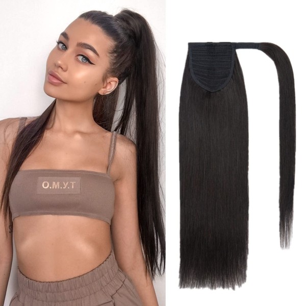 Benehair Ponytail Real Hair Extensions 100% Real Hair in Ponytail Extensions Natural Black Ponytail Extension Real Hair Ponytail Real Hair for Women 45 cm 90 g #1B