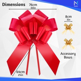 Mata1-USA - Huge Car Bow - Red, 30 Inch - Big Gift Wrapping Bow for Large Gift Decoration - Giant Size for Indoor & Outdoor Use - 12 Loops & 2 Suction Cups - No Magnets That Scratch
