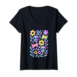 Womens Vibrant Skull Flowers Butterflies Pastel Magic V-Neck T-Shirt