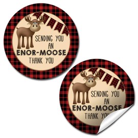 Rustic Red and Black Flannel Print Moose Thank You Sticker Labels, 40 2" Party Circle Stickers by AmandaCreation, Great for Party Favors, Envelope Seals & Goodie Bags