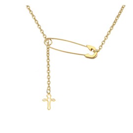 Stainless Steel Cross Pendant Necklace Cute Cross Safety Pin Necklace Paper Clip Lariat Necklace for Women Men Jewelry Gift(03 Gold)