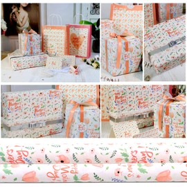 MAMUNU Mother's Day Wrapping Paper Flowers 6 Pieces 70 cm x 50 cm Sakura Tulips Pink Flowers Folded Wrapping Paper Set with Stickers for Mother, Grandmother, Thanksgiving, Birthday, DIY, Decoration