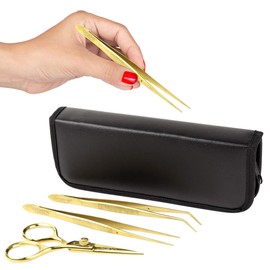 O'Creme Stainless Steel Precision Kitchen Culinary Fine-Tip Tweezer Tongs 6-1/2 inch straight and 6-3/8 inch Curved, Plus Super Sharp Chef Scissors, Total 3 Pieces Set (Gold)