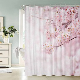 AASIRA Shower Curtain Anti-Mould Pink Sakura Bathroom Bath Waterproof Shower Curtains Flowers Fabric Polyester Washable Bath Curtain 180 x 180 cm Bathroom Curtain with 12 Hooks