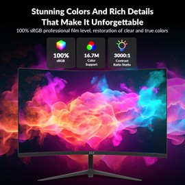 ZZA 27 Inch Curved Monitor,VA Gaming Monitor,180Hz Refresh Rate, 1ms Response, 100% sRGB, 1080p Resolution,FreeSync,VESA Mountable
