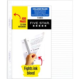 Five Star Insertable Loose Leaf Paper, Notebook Paper, College Ruled Filler Paper to Add Pages, Reinforced, 8-1/2" x 11", 75 Sheets (17022)