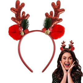 TEBIEKOY - Diadema de cuernos de ciervo rojo, bonito disfraz de ciervo para mujeres y adultos, diadema de orejas de ciervo con lentejuelas, disfraz de ciervo para Navidad, Halloween, fiesta de cosplay