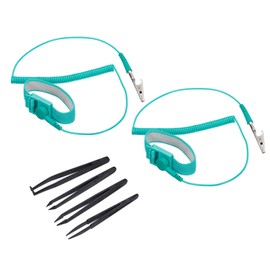 sourcing map 2pcs ESD Anti Static Wrist Band PU Wired Static Bracelet 6ft Adjustable with Anti Static Tweezers for Computer Electronics Repair