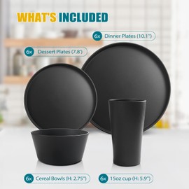 Teivio 24-Piece Kitchen Plastic Coupe Wheat Straw Dinnerware Set, Service for 6, Dinner Plates, Dessert Plate, Cereal Bowls, Cups, Unbreakable Unique Plastic Outdoor Camping Dishes, Black