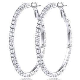 DORANA S925 Large Rhinestone Hoop Earrings Thin Cubic Zirconia Hoop Earrings Sterling Silver Earrings Big Hoop Earrings for Women
