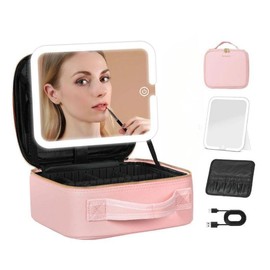 Behaesty Portable Makeup Bag with 3-Color LED Detachable Mirror 2000mAh USB Rechargeable Waterproof PU Leather Organizer Compact Travel Cosmetic Pouch Vanity Purse:_Pink