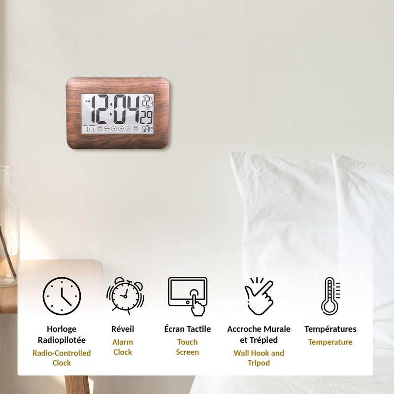 Digital Clock Alarm Clock, Radio-Controlled with Touch Screen – Calendar