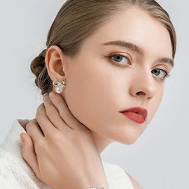 JeanBeau Gold Pearl Bow Stud Earrings for Women Teen, Statement Sparkly Cubic Zirconia Rhinestone Ribbon Earrings Cartilage Hypoallergenic Holiday Prom Wedding Fashion Jewelry