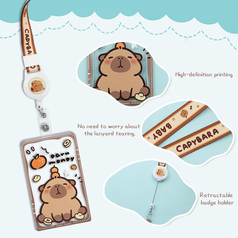 Capybara Orange Card Holder with Brown Edge Extendable Lanyard, Cute