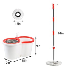 Spin Mop and Bucket with Wringer Set,for Floor Cleaning,with Floor Scrub Brush,61" Adjustable Handle and 6 Microfiber Mop Head(White)
