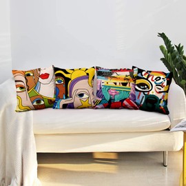 Aoihrraan Cushion Covers Set of 4, Funny Graffiti Throw Pillow Covers Multicolored Woman Face Eyes Soft Short Plush Square Pillowcase for Sofa Couch Bedroom Car Chair Home Decor 22"x22"