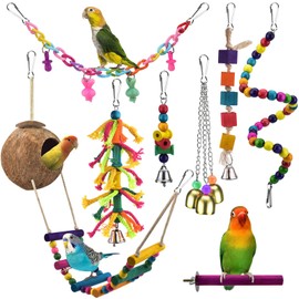 KATUMO Bird Toys, Natural Coconut Bird House with Colorful Ladder Hanging Chewing Toys Hammock Climbing with Bells for Parakeet, Conure, Cockatiel, Mynah, Love Birds, Finch