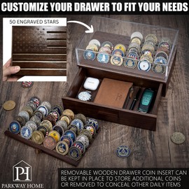 Military Challenge Coins Display Holder with American Flag and Clear Cover - Solid Wood Challenge Coin Stand with Drawer, Challenge Coin Display Case for Collector, Military Coin Holder Rack for Desk