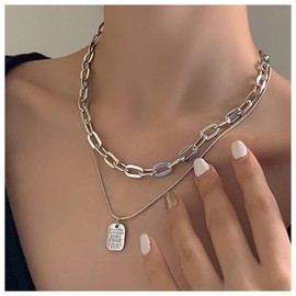 Andelaisi Boho Layered Square Choker Necklace Silver Initial Square Pendant Necklace Paperclip Chain Necklace Choker Vintage Round Snake Chain Necklace Choker Jewelry for Women