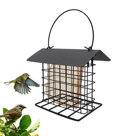 LIANCHEN 13 x 14.5 x 8 cm Bird Feeder Metal Fat Ball Holder for Hanging Fat Ball Holder with Roof Feeder for Wild Birds, Garden, Balcony, All-Year Use Bird Feeder (Black)