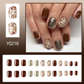 Fall Brown Press on Nails Short Square Fake Nails Autumn False Nails Press ons with Flower,Glitter Design Reusable Artificial Nail Full Cover Glue on Nail Stick on Nails for Women Manicure 24 Pcs