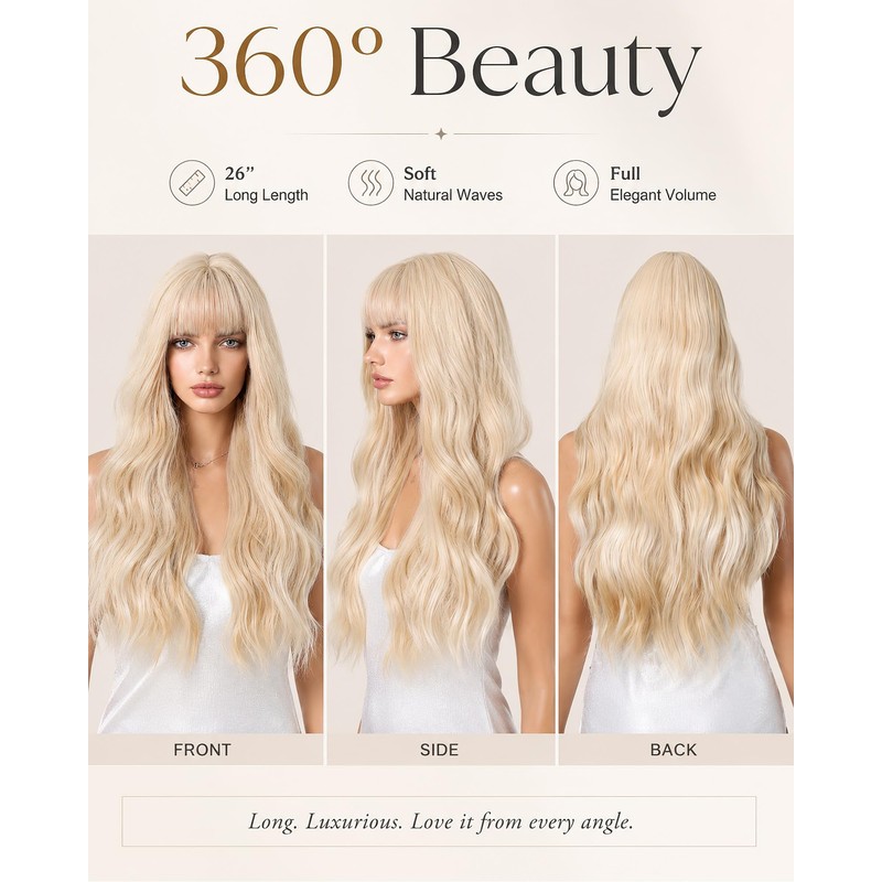 Light Blonde Long Wavy Wig with Bangs for Women Synthetic