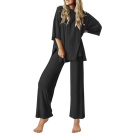 Ekouaer Lounge Sets for Women Short Sleeve Tops and Long Pants Soft Comfy Pajamas Set 2 Piece Outfits,Black,S