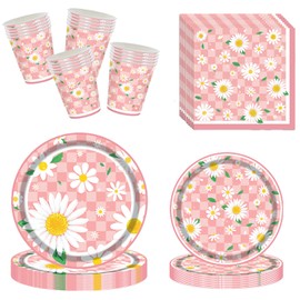 Daisy Disposable Plates for Party 60 Pieces Party Plates and Cups and Napkins Sets，Disposable Tableware for Tea Parties，Flower Patterned Paper Plate for Catering, Dinners, Weddings, And Everyday Use