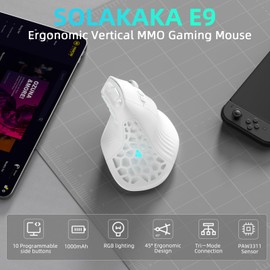 E9 Vertical MMO Gaming Mouse,24800 DPI,Tri-Mode Ergonomic Wireless Mouse with 10 Side Buttons,RGB Mouse for PC/Mac - White