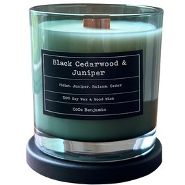(Black Cedarwood & Juniper) Wooden Wick, 100% Soy, Highly Scented, Hand Poured Soy Candle, 8 oz