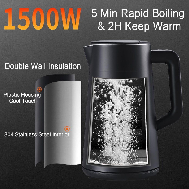 QUAXWELL 1.5L Electric Kettle Stainless Steel, Double Wall Cool Touch