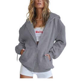 PRETTYGARDEN Women's 2025 Zip Up Y2K Hoodies Casual Long Sleeve Sweatshirts Spring Track Jackets with Pockets (Dark Grey,XX-Large)