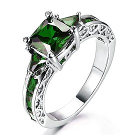 Psiroy 925 Sterling Silver Plated Princess Cut Simulated Emerald Quartz 3 Stone Promise Ring Size 6