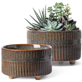 LE TAUCI Succulent Pots, 6.5+8 Inch Ceramic Indoor Plant Pot with Drainage Hole, Modern Round Decorative Flower Pot, Set of 2, Reactive Glaze Black