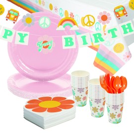 131 Piece Groovy Birthday Party Disposable Tableware Kit for 24 Guests, Napkins, Plates, Cups, Cutlery, Garland and Tablecover Included