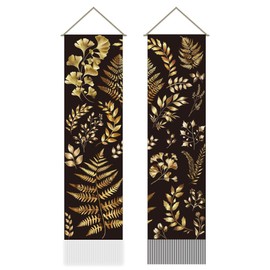 AHANDMAKER Pack of 2 Black Gold Botanical Tapestry, Boho Leaves Modern Plant Vertical Long Aesthetic Tapestry, Doorway Curtain Tassel Wall Hanging for Bedroom Living Room, 13 x 51 Inch