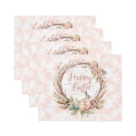 Easter Floral Placemat Set, 18x14 inches, Pink Wreath Design with Bunny and Eggs, Set of 4